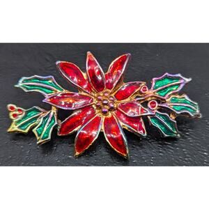 Vintage Poinsettia Brooch, Enamel Flower, Red and Green, Christmas Holiday
